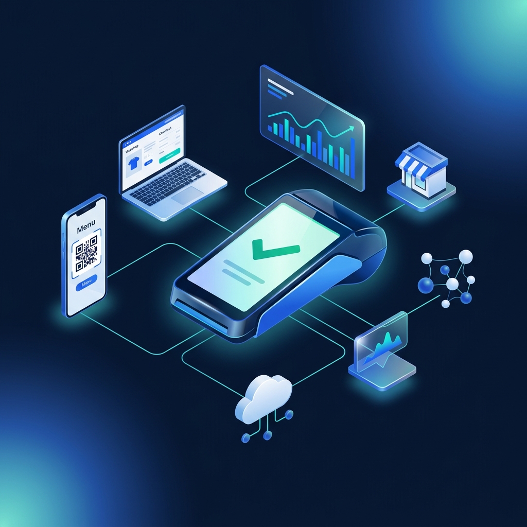 Isometric illustration of the vioConnect partner ecosystem connecting terminals, online payments, QR ordering and dashboard analytics